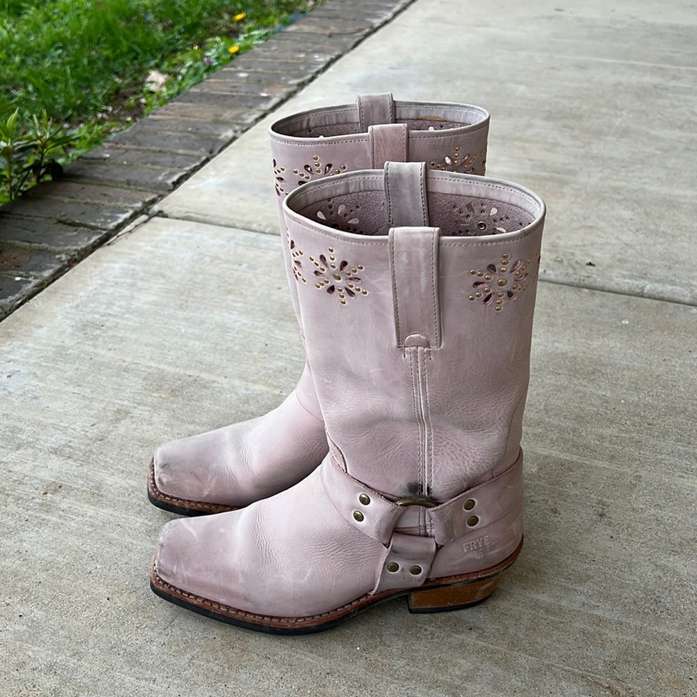 Blush pink Frye Harness boots